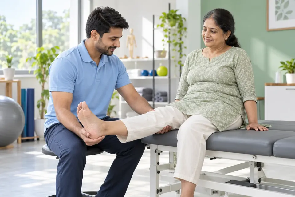 Illustrative physiotherapist guiding knee rehabilitation