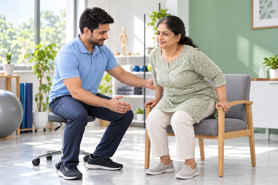 Illustrative sit-to-stand rehabilitation guided by a physiotherapist
